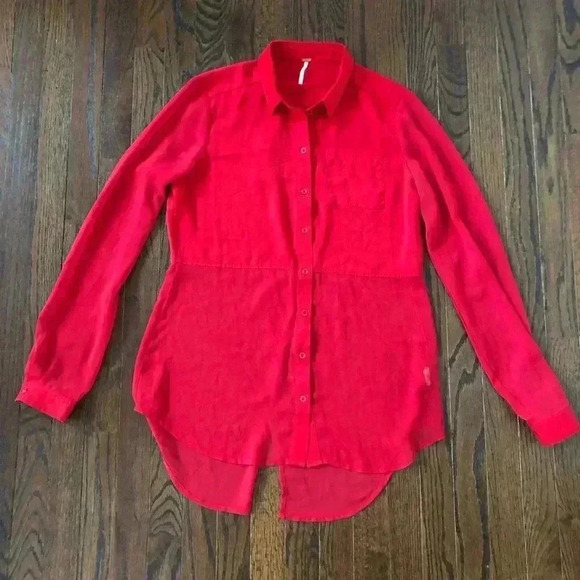 Free People Women’s S Red Button-Down Tulip Back Blouse w/Sheer Sleeves/Bottom - Picture 2 of 13